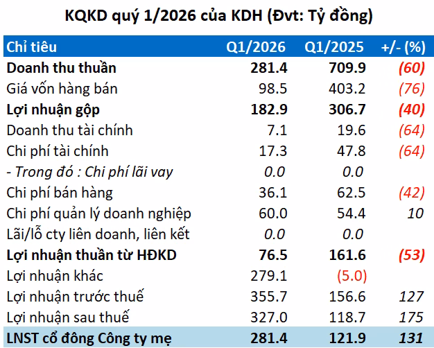 Chi tiết cơ cấu tài chính và biến động doanh thu lợi nhuận của KDH